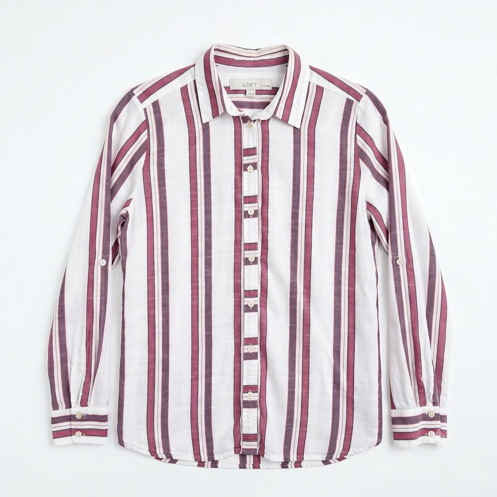 LOFT Striped Button Down Tunic Shirt White Red Casual Womens Small Petite SP